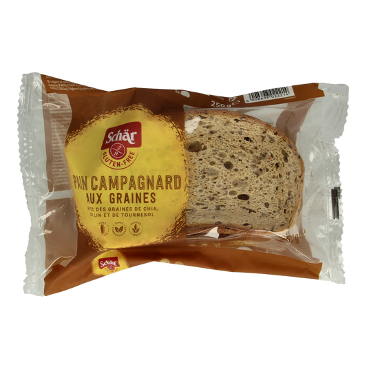 Schar Pain campagnard meergranenbrood glutenvrij 250g, gluten-free multigrain bread with a rustic crust and seeded topping.