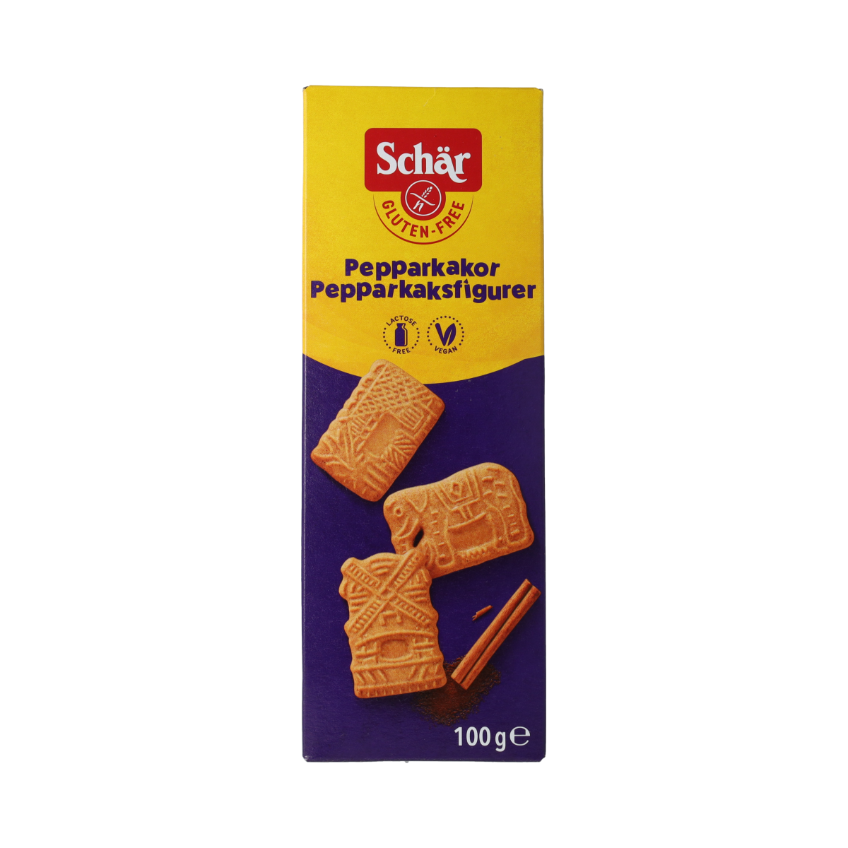 Gluten-free Schar Speculoos cookies in a 100g package, featuring traditional spiced biscuit shapes and packaging details.