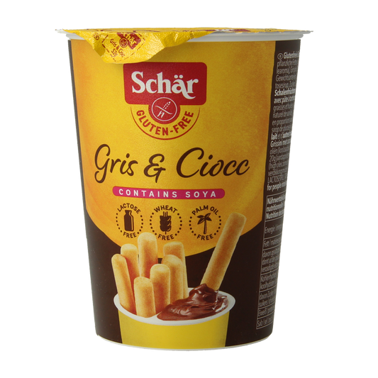 Schar Milly gluten-free grissini and chocolate sticks snack in 52g package, crispy breadsticks with chocolate coating.