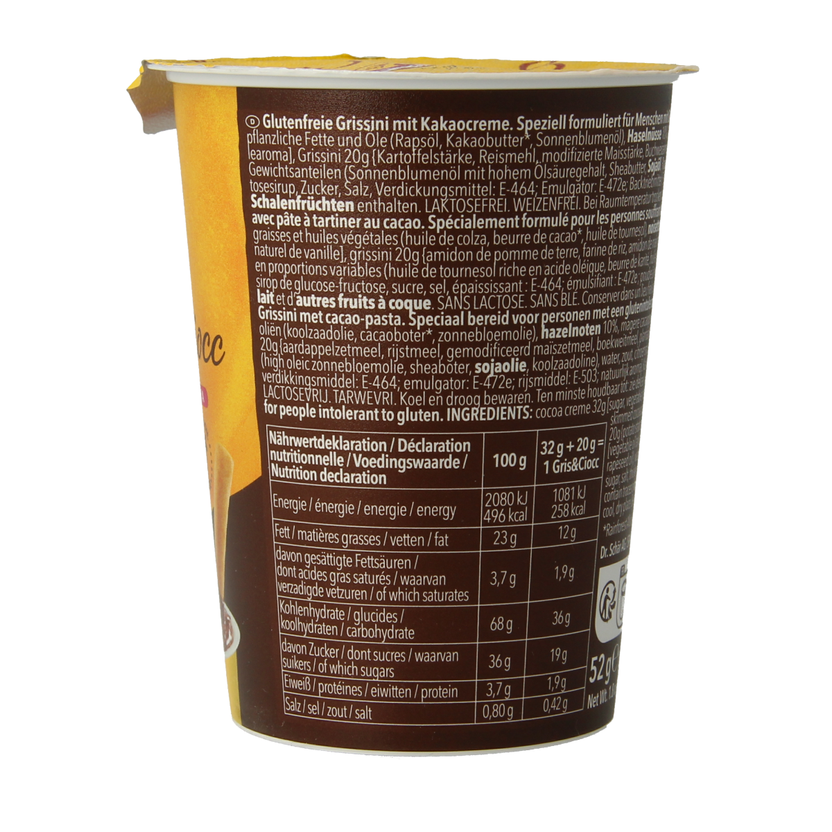 Schar Milly gluten-free grissini and chocolate sticks snack, 52 grams, crispy breadsticks and chocolate treat in a colorful package.