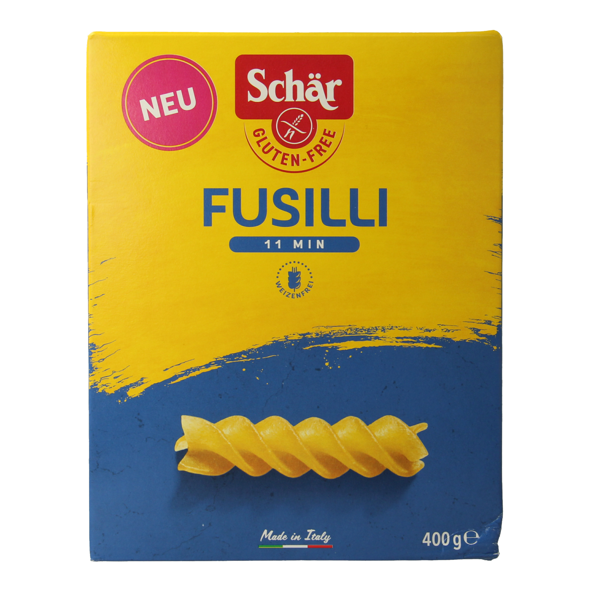 Schar gluten-free fusilli pasta in a 400g package, suitable for pasta and rice dishes.