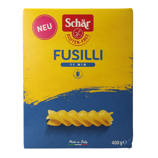 Schar gluten-free fusilli pasta in a 400g package, suitable for pasta and rice dishes.