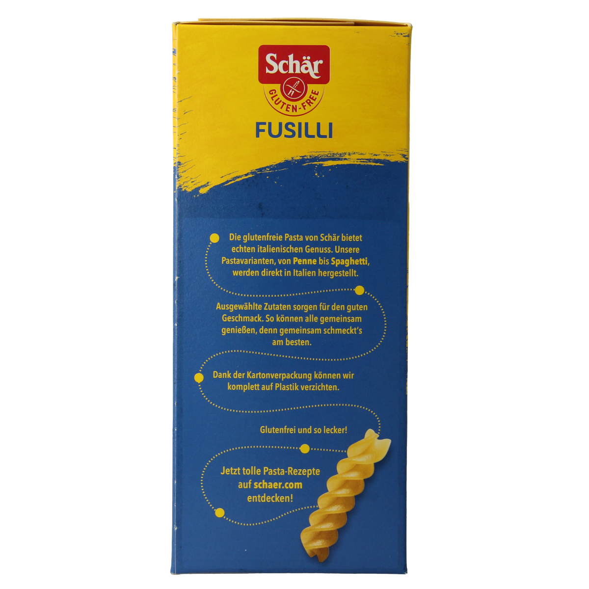 Schar gluten-free fusilli pasta in 400g package, dry pasta for gluten-free cooking, shown in the image.