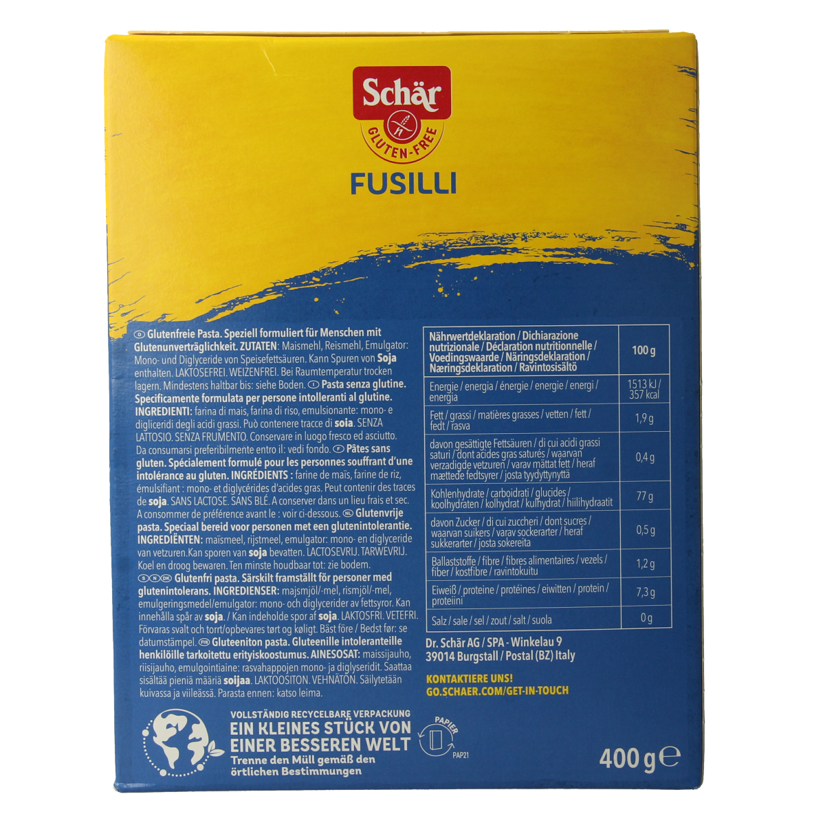 Schar gluten-free fusilli pasta in 400g package, made from pasta and rice blend, displayed in a clear image.