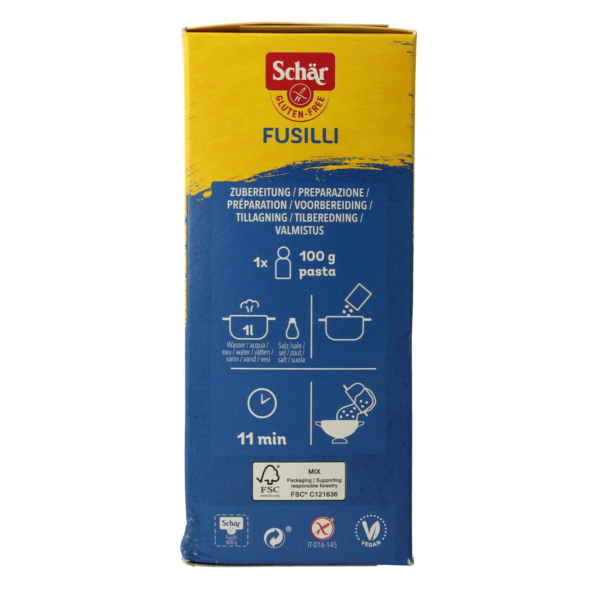Gluten-free Schar Fusilli pasta in 400g package, featuring spiral-shaped pasta in a clear view.