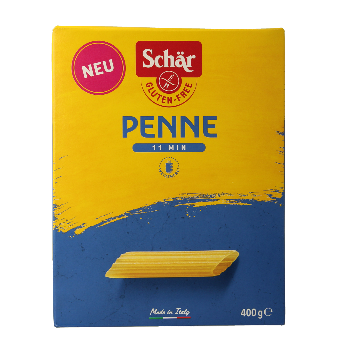 Gluten-free Schar pasta penne in a 400g package, displayed in a close-up shot showing the pasta shape and packaging details.