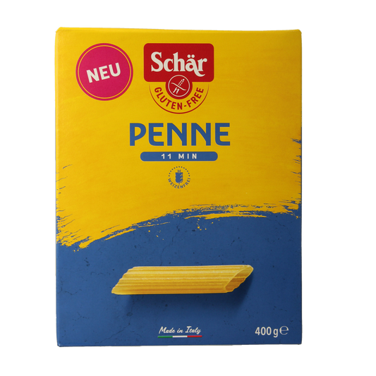 Gluten-free Schar pasta penne in a 400g package, displayed in a close-up shot showing the pasta shape and packaging details.