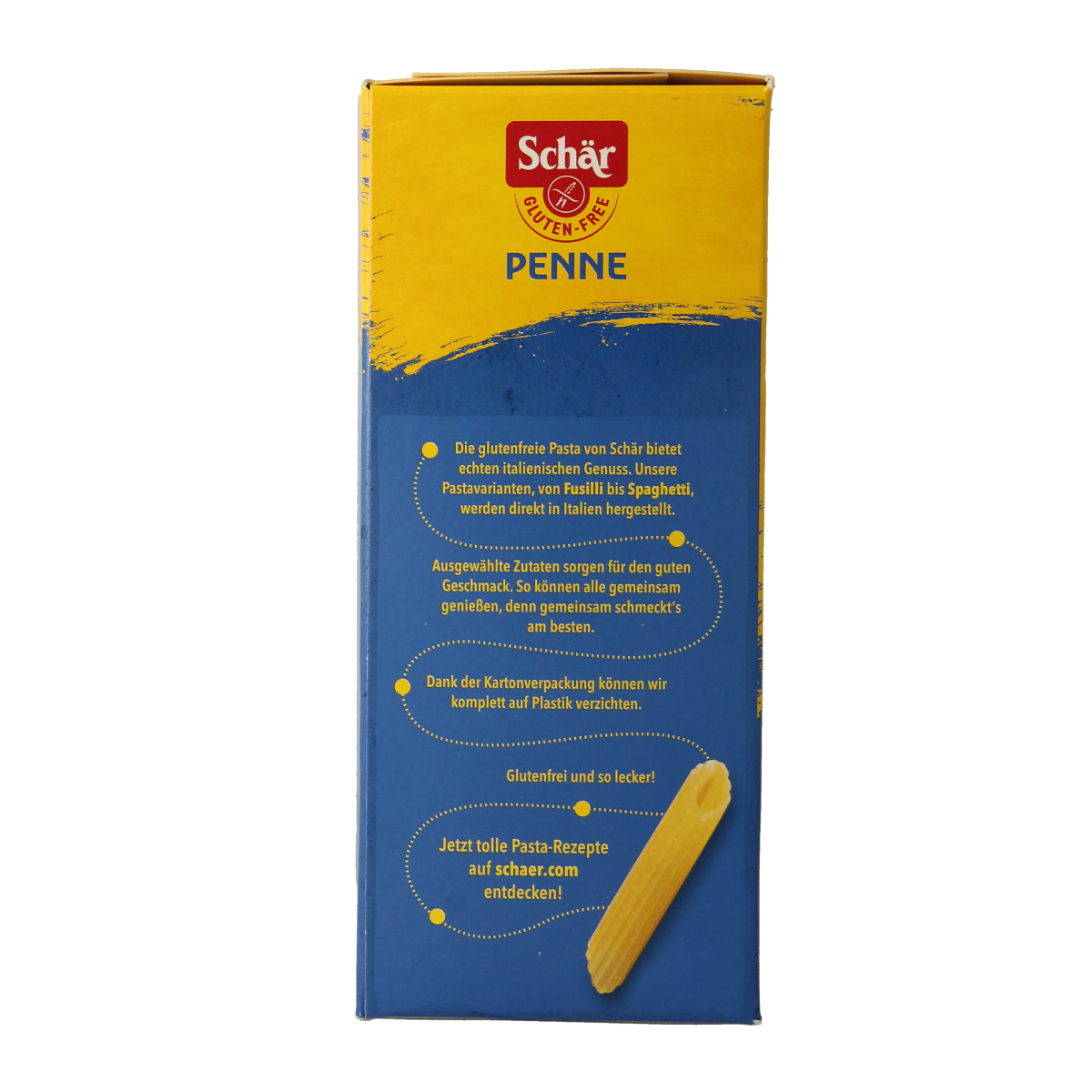 Schar gluten-free penne pasta in 400g package, uncooked, showing the pasta shape and packaging details.