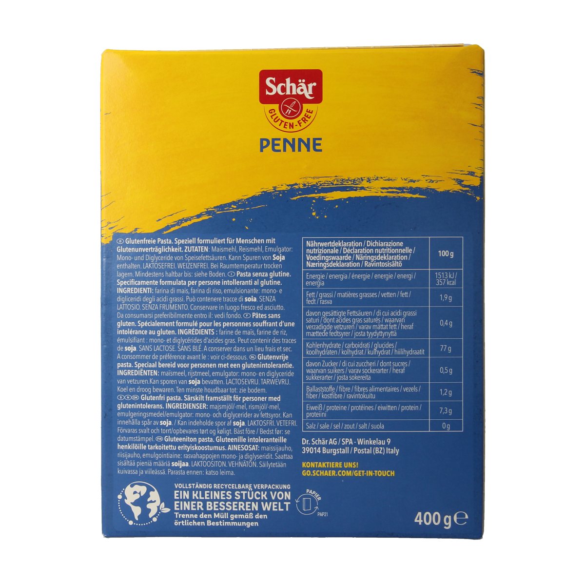 Schar gluten-free penne pasta in 400g package, dry uncooked pasta made from rice and corn for gluten-free dishes.