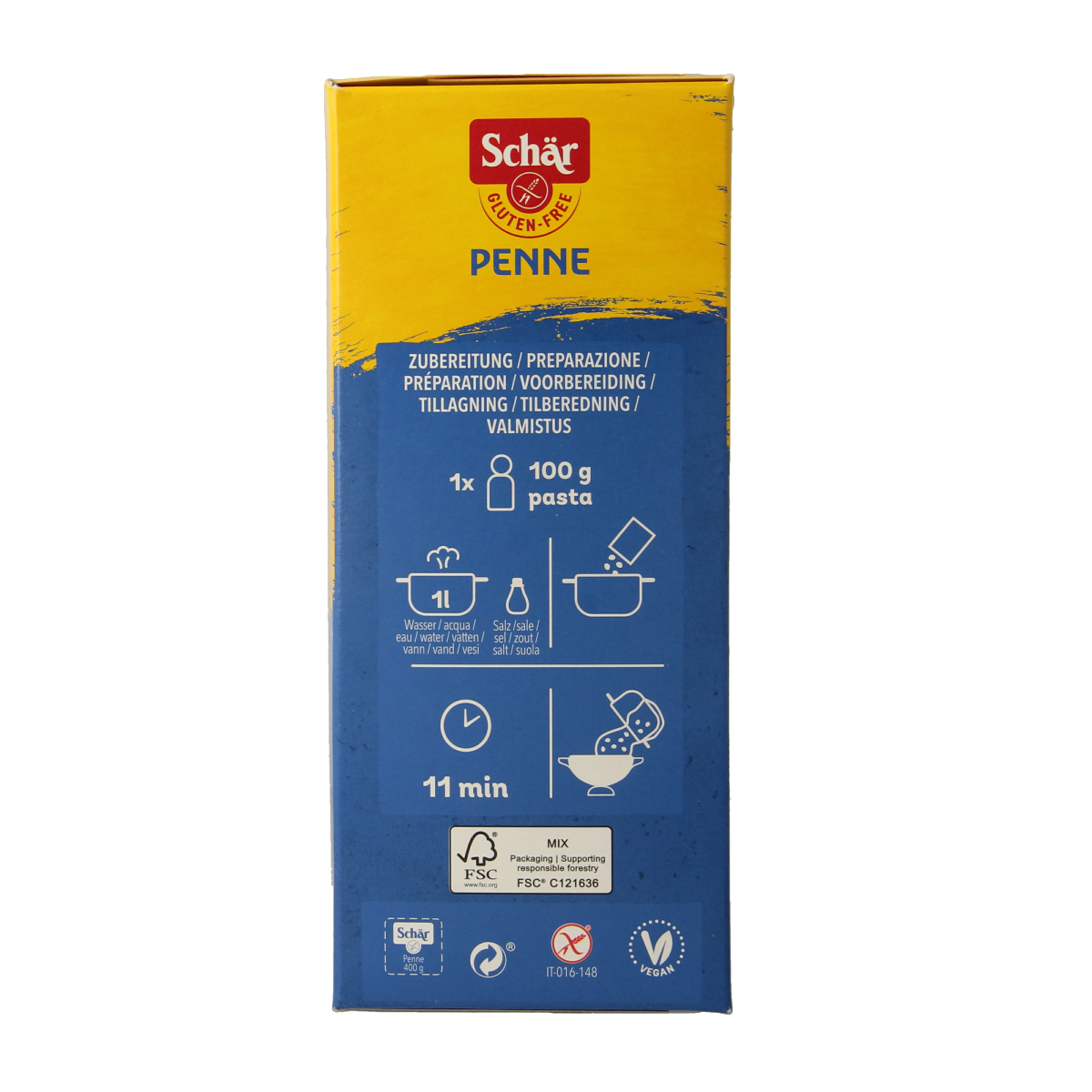 Schar gluten-free penne pasta in 400g package, made from pasta and rice, shown in a clear image.