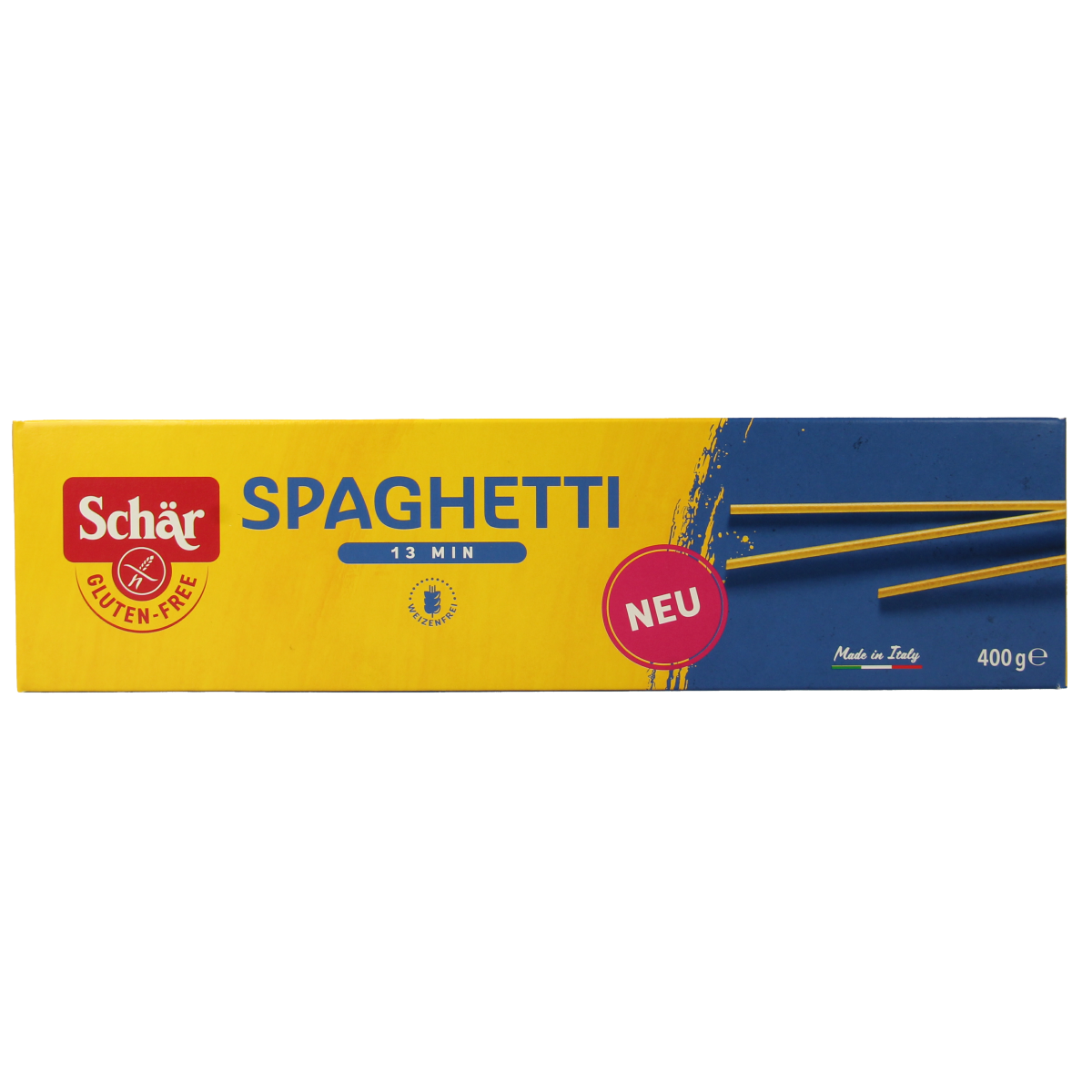Schar gluten-free spaghetti pasta in a 400g package, showing uncooked long pasta strands on a white background.