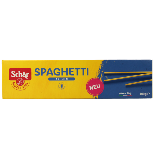 Schar gluten-free spaghetti pasta in a 400g package, showing uncooked long pasta strands on a white background.