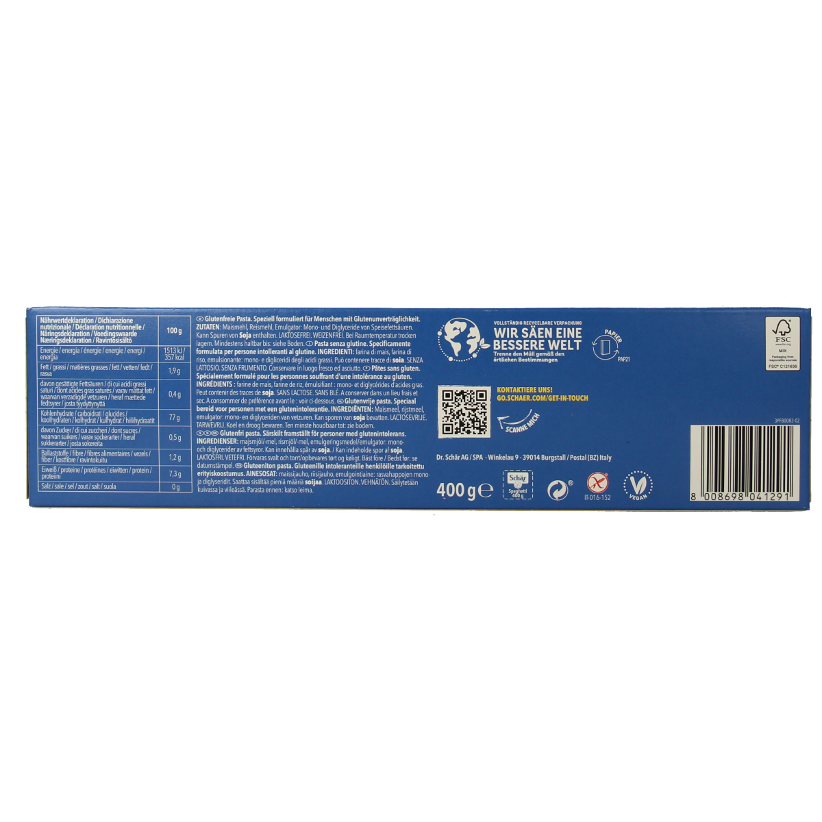 Gluten-free Schar Pasta spaghetti in 400g package, showing uncooked pasta strands on a white background.