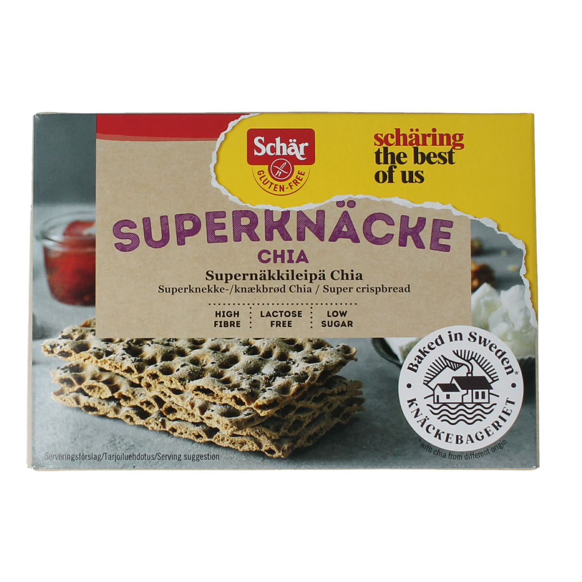 Schar Superknacke gluten-free bread with chia, 140g, crispy crackers with chia seeds on a white background.