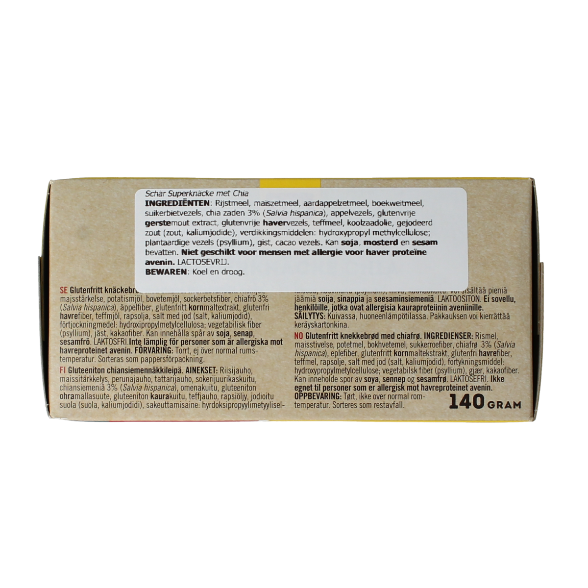 Schar gluten-free Superknacke bread with chia seeds, 140g, showing crispy texture and chia seeds on top.