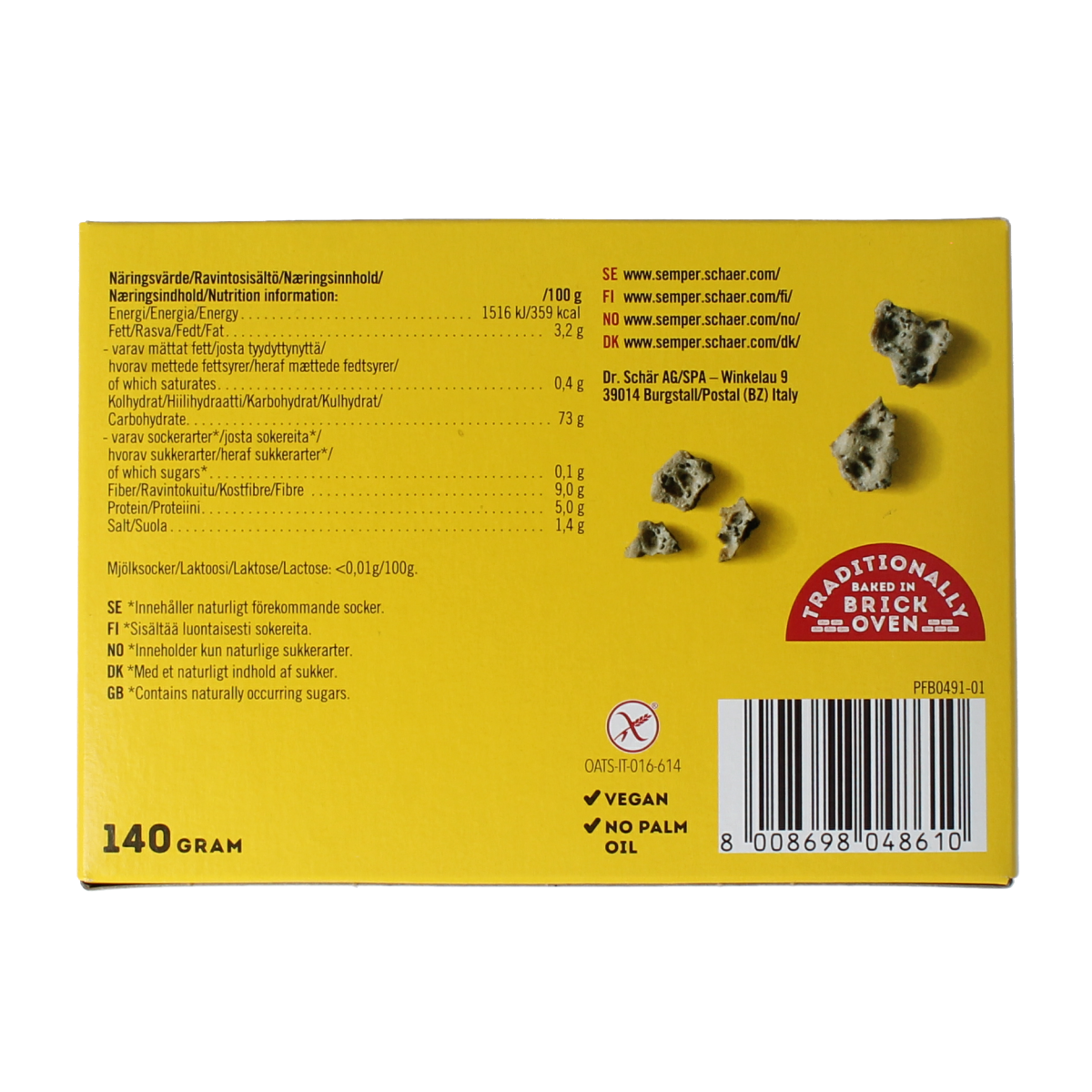 Schar gluten-free Superknacke bread with chia seeds, 140g, showing crispy crackers with chia seeds on top
