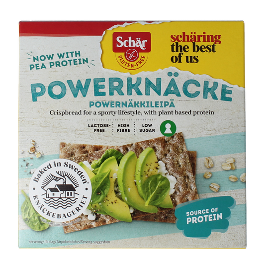 Schar Powerknacke gluten-free bread and crackers package, 225 grams, with a clear image of the product packaging.