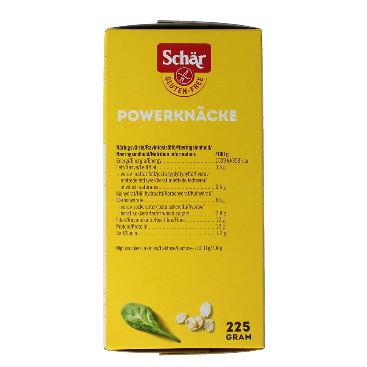 Schar Powerknacke gluten-free bread and crackers package, 225 grams, featuring crispy crackers in a colorful box.