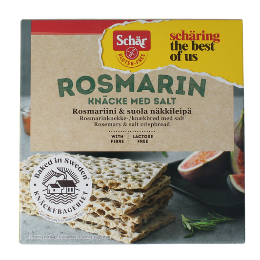 Schar Knackebrod rozemarijn zout glutenfri crackers on a white plate, showcasing crispy texture and herb seasoning.