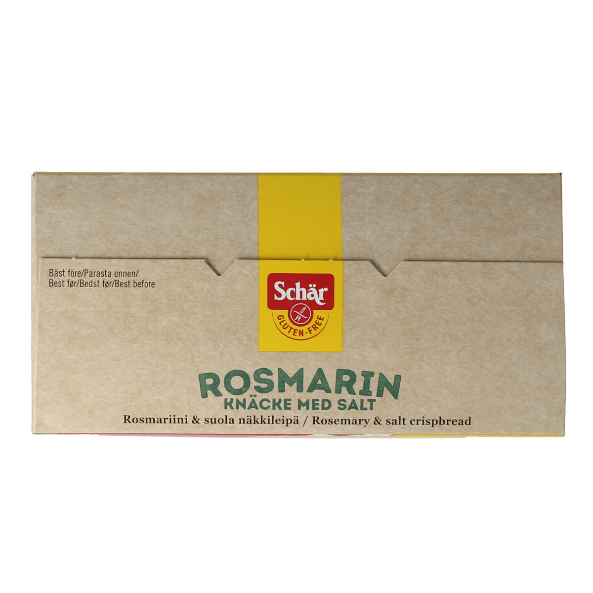 Schar gluten-free rosemary and salt crispbread in 230g package, crispy cracker with herbs and seasoning.