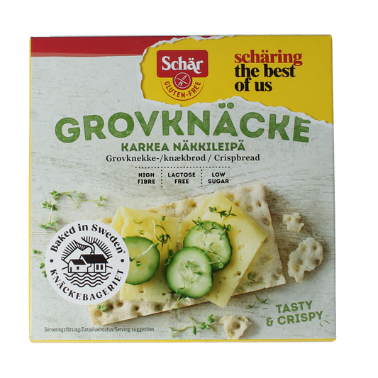 Schar Knackebrod vezelrijk glutenvrij crackers on a plate, showing crispy, fiber-rich gluten-free bread slices.