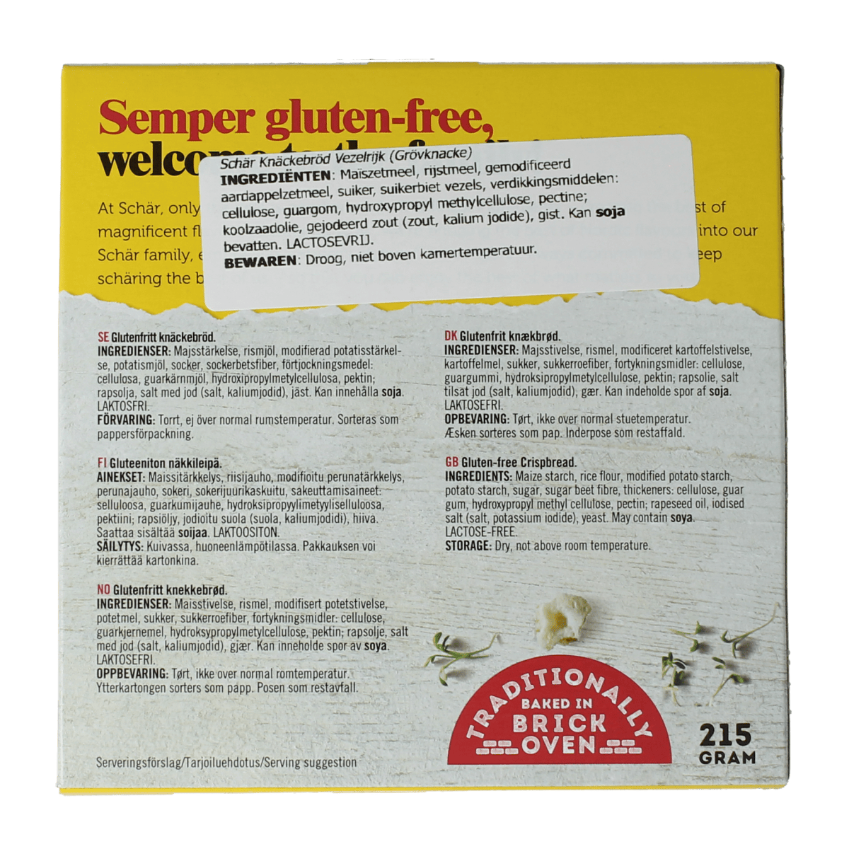 Schar gluten-free Knackebrod crispbread with high fiber, 215 grams, shown with crisp, textured surface and packaging.