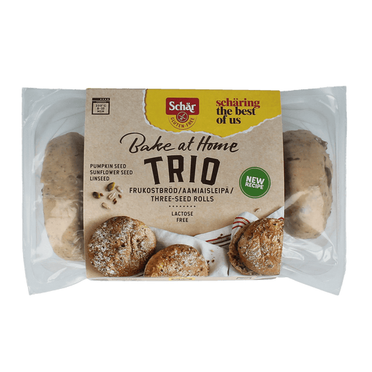 Schar gluten-free bread rolls trio package with three different types of gluten-free bread in 300g.