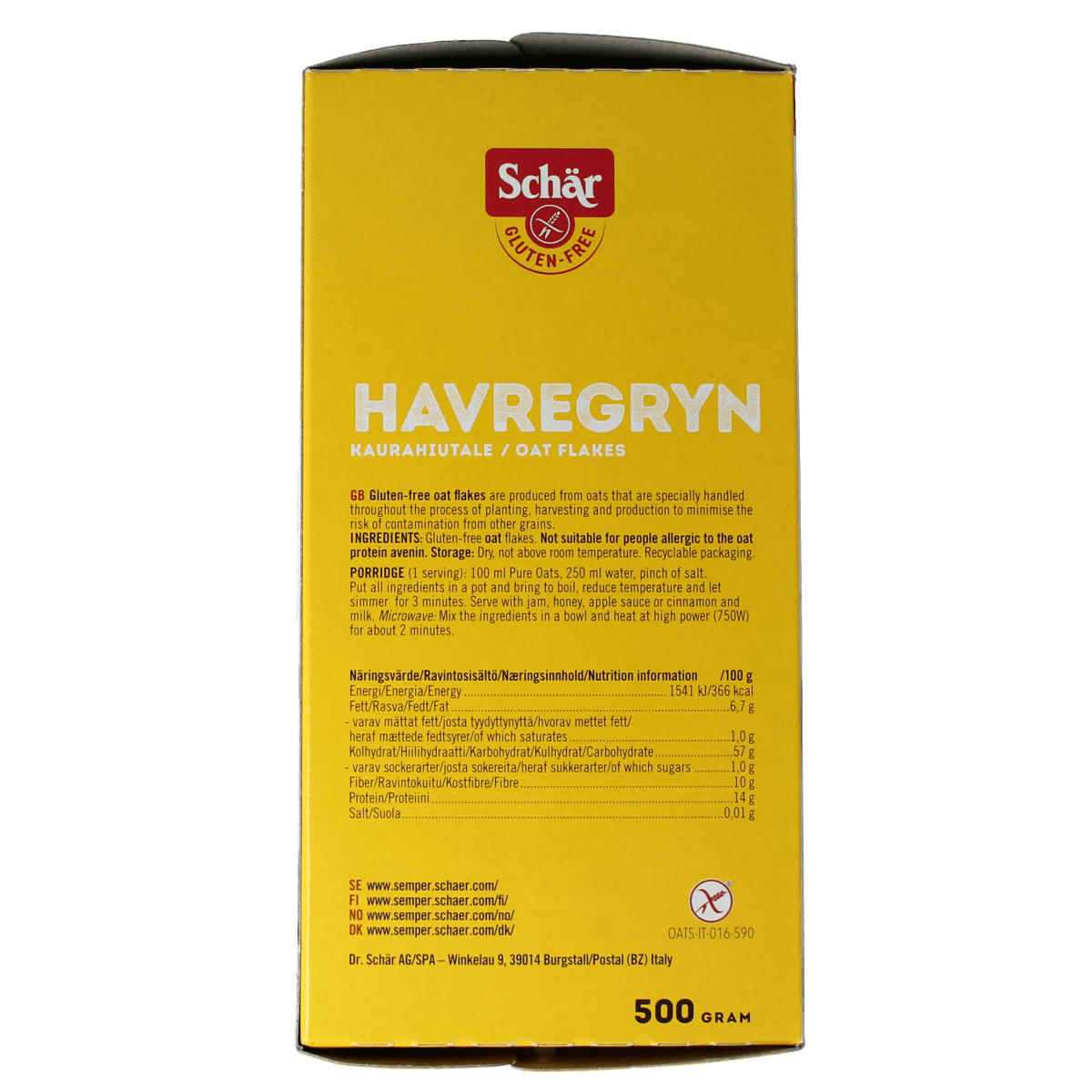 Schar gluten-free oatmeal flakes in a 500g package, shown in a close-up image of the breakfast cereal product.