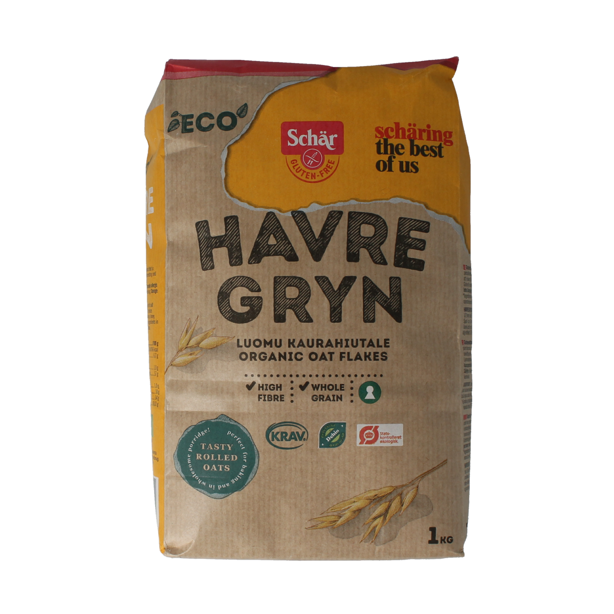 Schar gluten-free organic oatmeal breakfast cereal in 1 kg package, showing a bowl of oats and the product packaging.