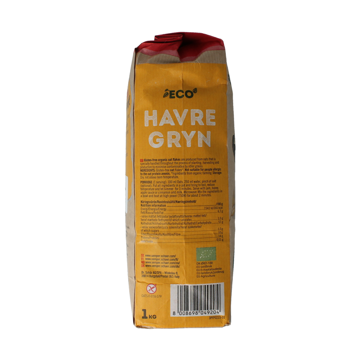 Schar gluten-free organic oatmeal breakfast cereal in a 1kg bag, natural whole grain oats for healthy mornings.
