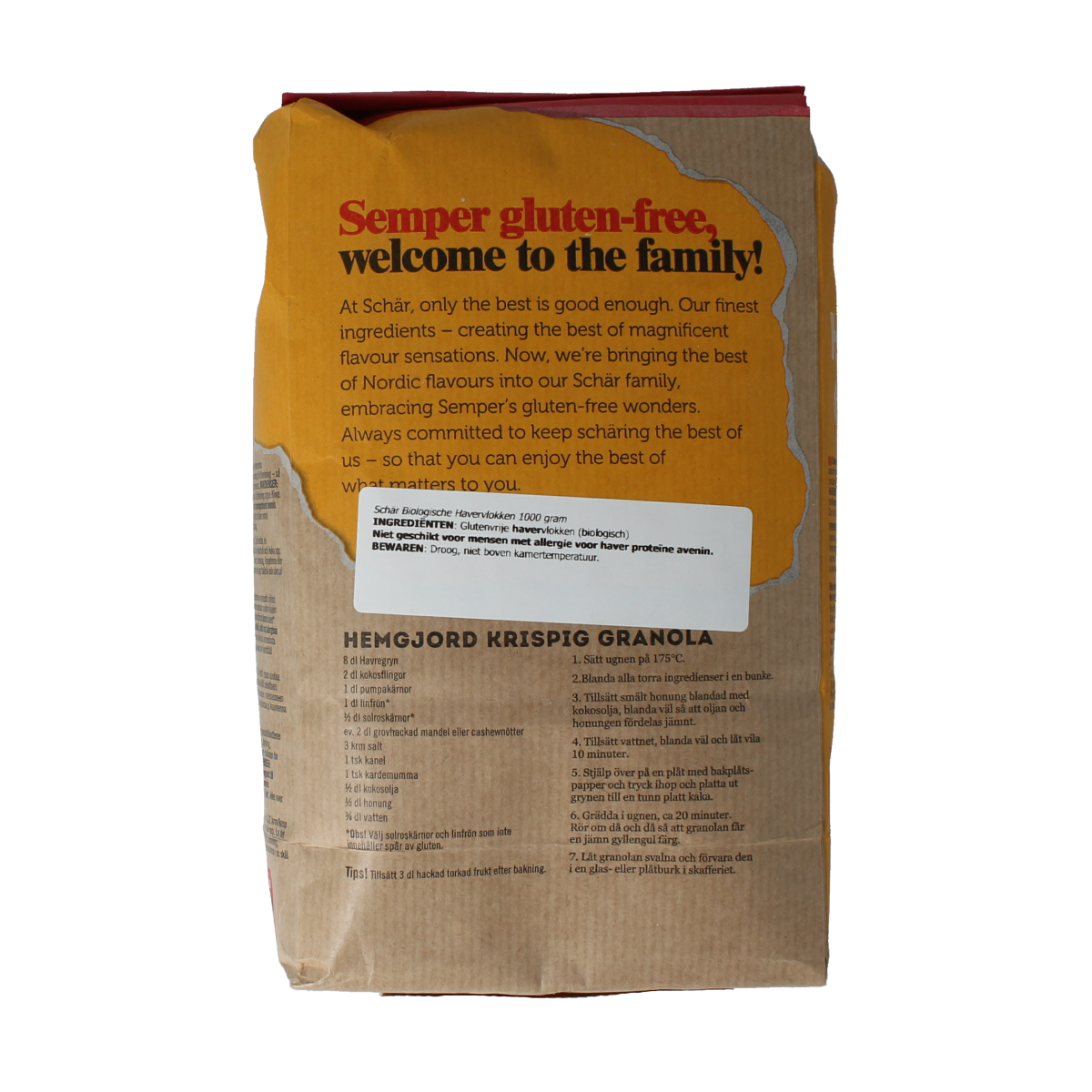 Schar gluten-free organic oatmeal in a 1kg package, showing a close-up of the breakfast cereal grains.