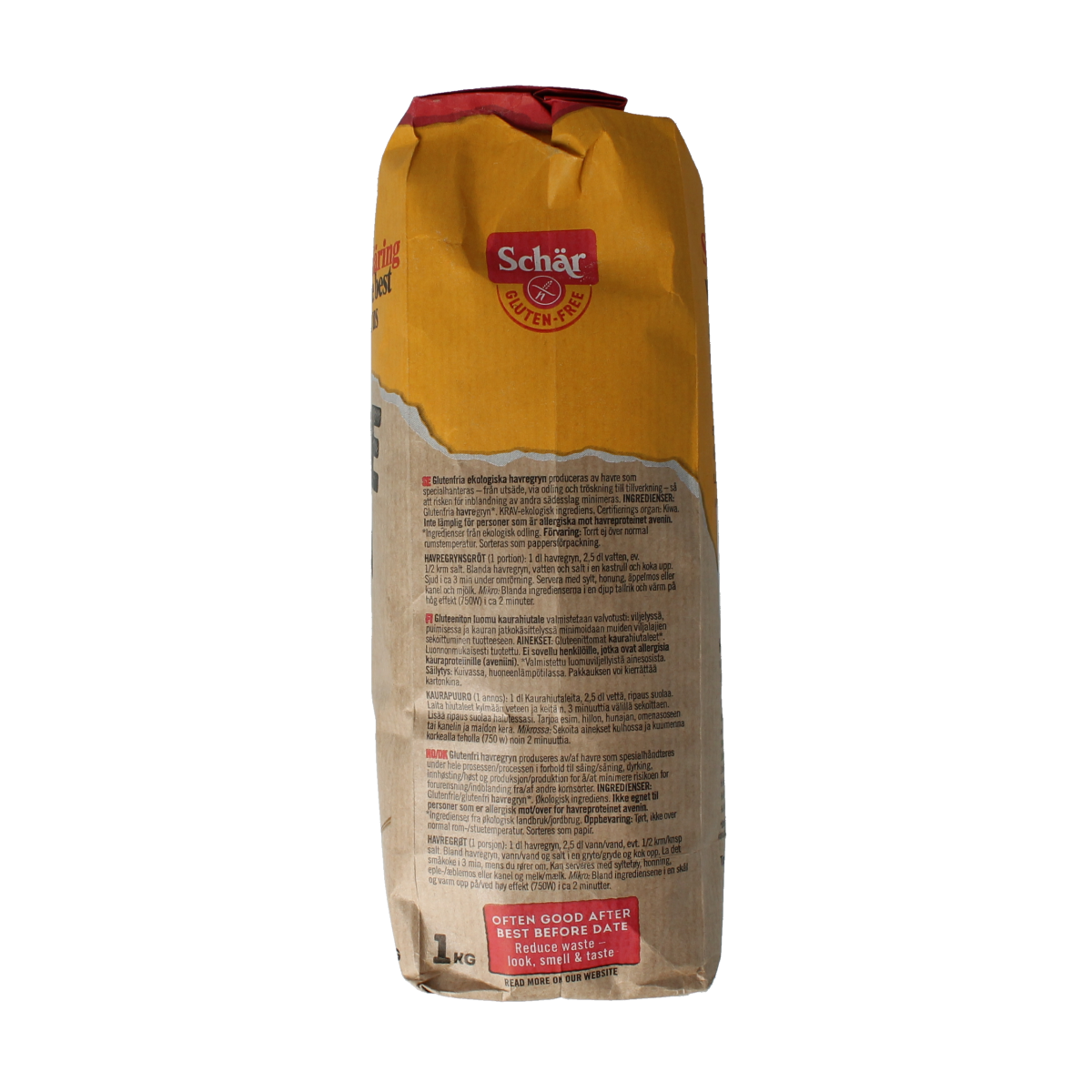Schar gluten-free organic oatmeal breakfast cereal in a 1kg package, natural whole grain oats for a healthy start.