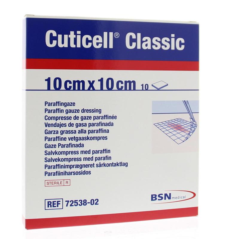 Box of 10 Cuticell Classic paraffin gauze compresses, 10cm x 10cm sterile medical gauze pads for wound care.