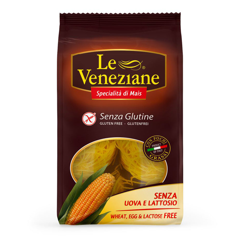 Le Veneziane gluten-free Capellini vermicelli pasta in 250g package, thin, delicate Italian pasta for cooking.