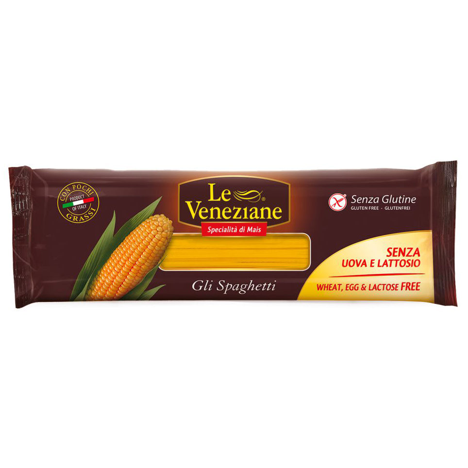 Gluten-free Le Veneziane Spaghetti pasta in 250g package, showing uncooked spaghetti strands on a white background.