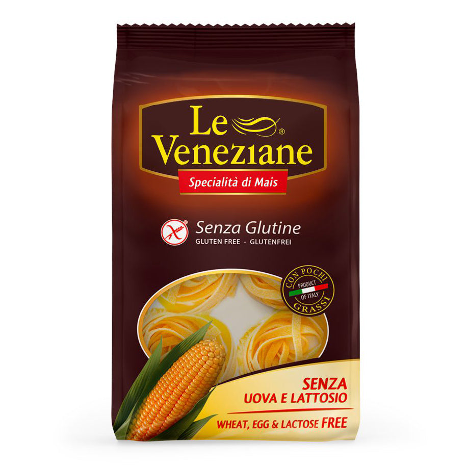 Gluten-free Le Veneziane Tagliatelle pasta made from rice and lettuce, shown in a 250g package.