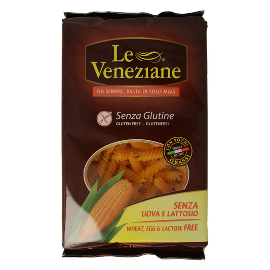 Gluten-free Le Veneziane Fusilli pasta in a 250g package, showcasing spiral-shaped pasta from the Le Veneziane brand.