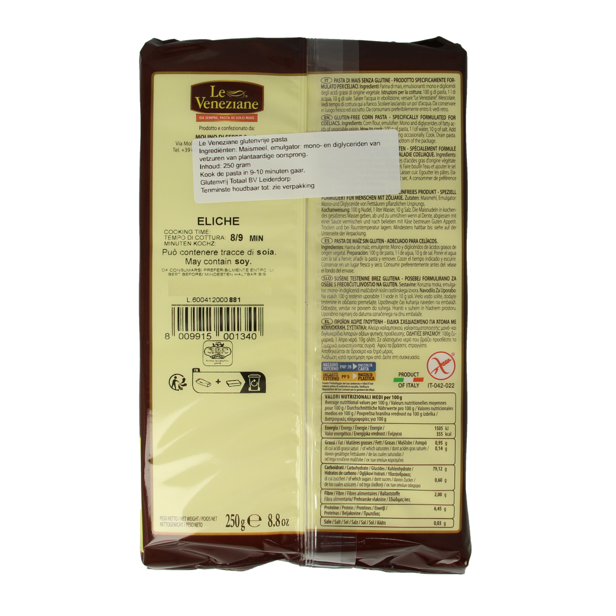 Gluten-free Le Veneziane Fusilli pasta in 250g package, made from rice, displayed in a close-up image.