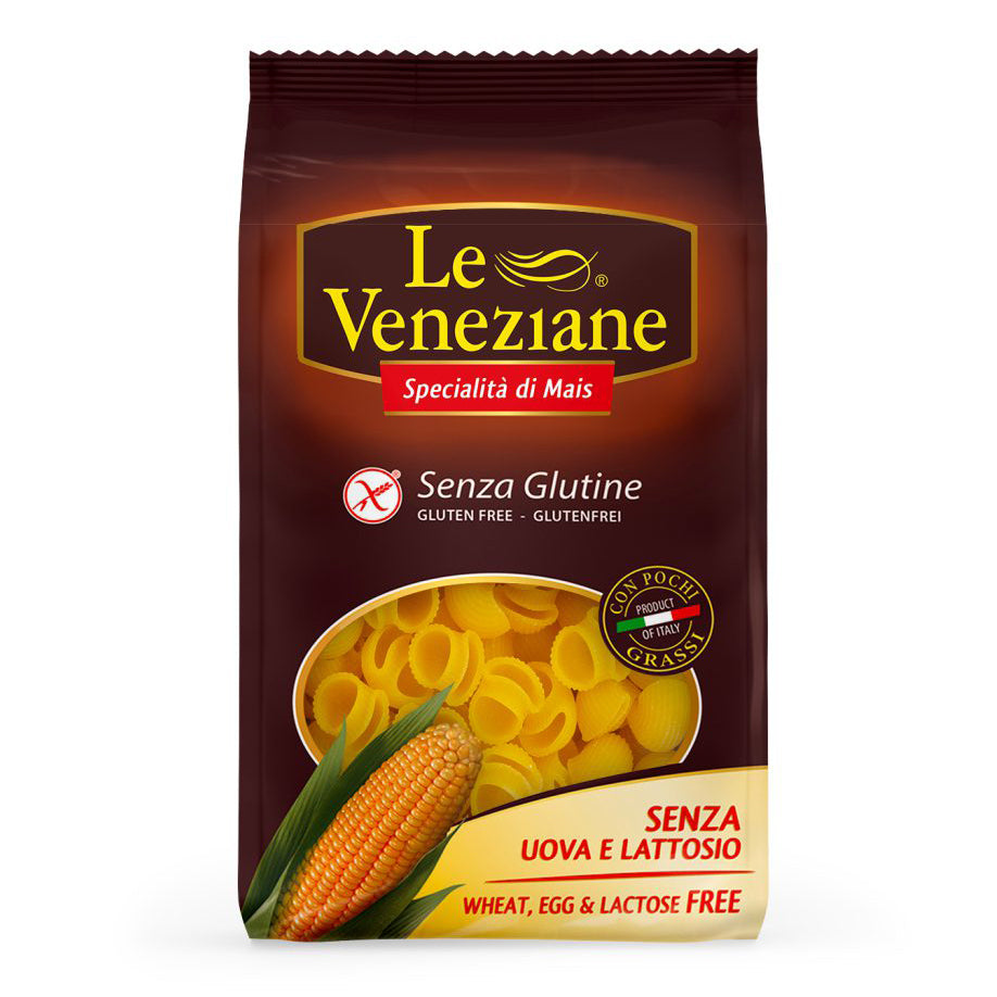 Gluten-free Le Veneziane Pipe Rigate pasta in 250g package, showcasing short, curved pasta shapes on a white background.