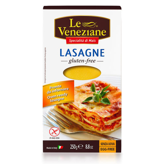 Gluten-free Le Veneziane Lasagne pasta in 250g package, made from rice, with uncooked lasagne sheets visible in the image.