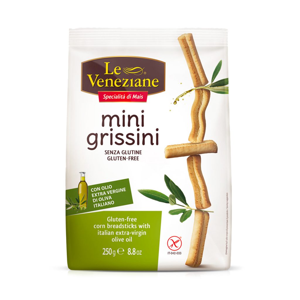 Le Veneziane Mini grissini glutenvrije soepstengels in een open verpakking, knapperige snack en tussendoortje, 250 gram.