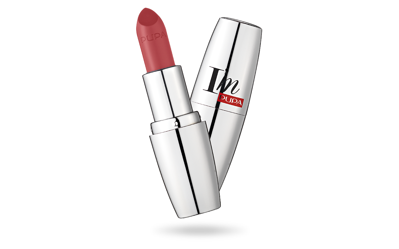 Pupa I'm Pupa lipstick 408 in sleek black tube, showing the vibrant lipstick bullet and brand logo for make-up product.
