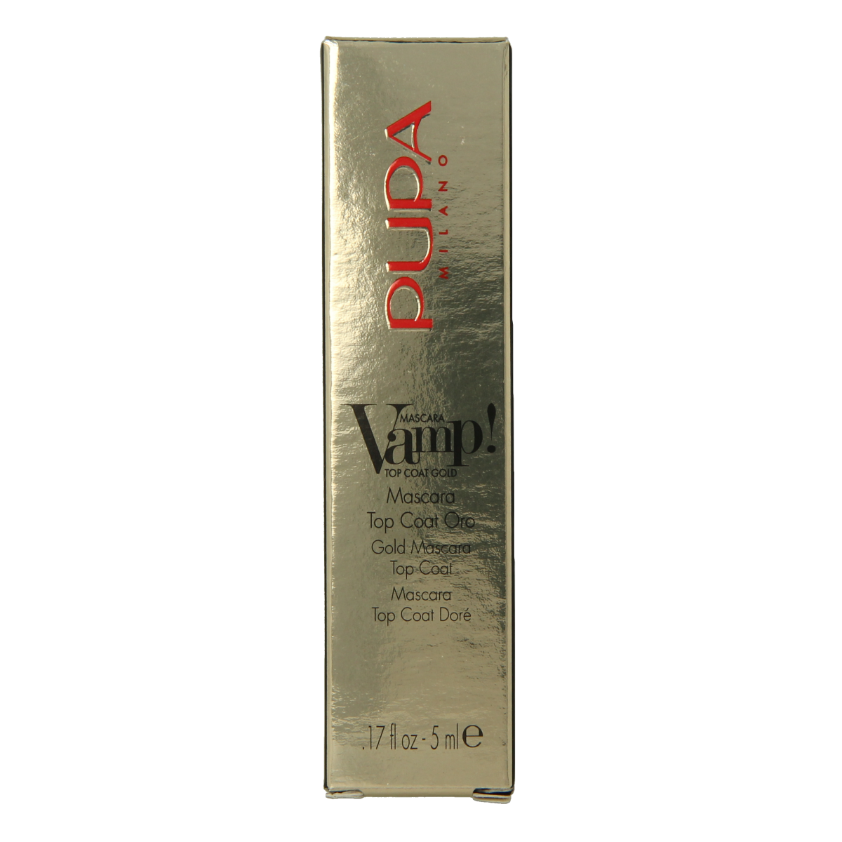 Pupa Vamp! Mascara Top Coat in gold, 5ml, with a sleek black tube and gold cap, designed to enhance mascara lashes.
