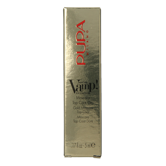 Pupa Vamp! Mascara Top Coat in gold, 5ml, with a sleek black tube and gold cap, designed to enhance mascara lashes.