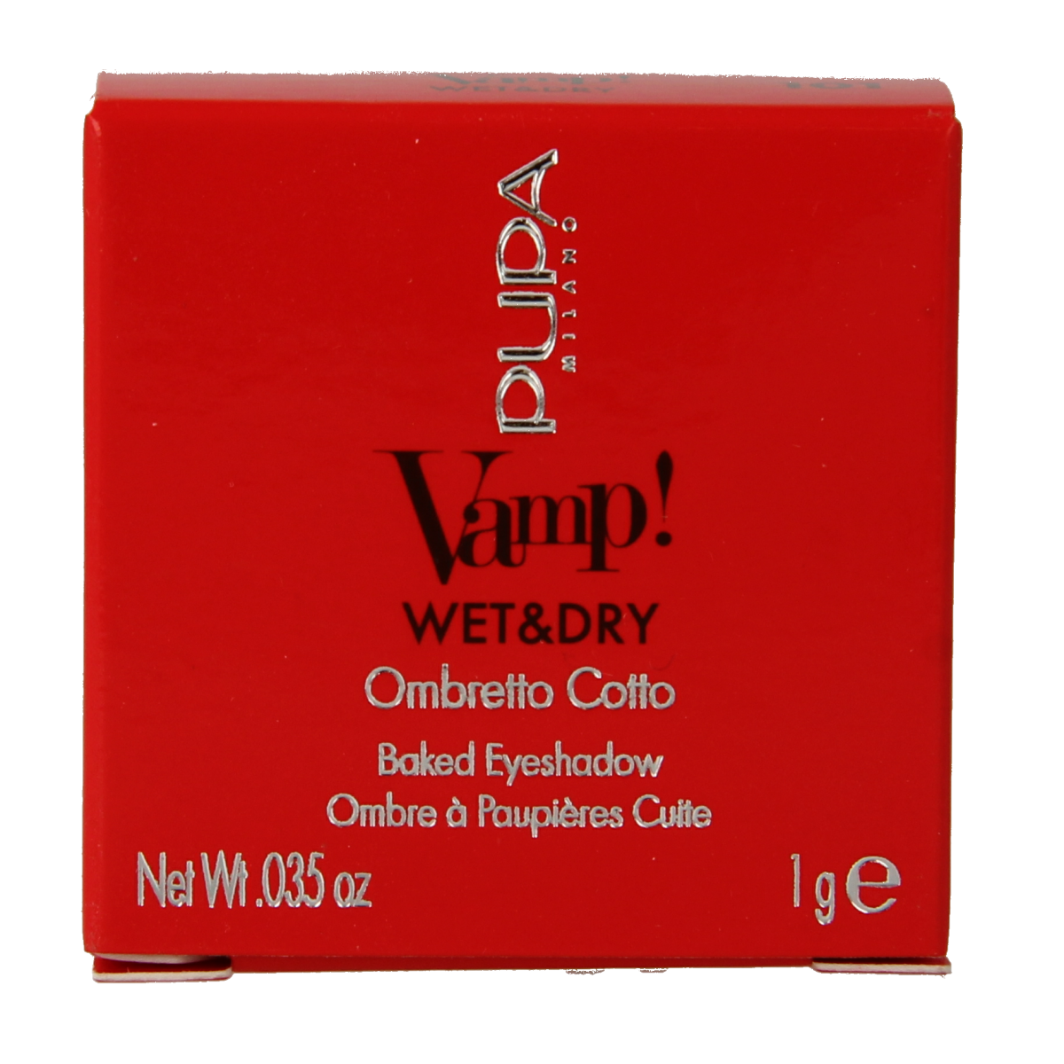 Pupa Vamp! Wet & dry eyeshadow in a 1g compact, featuring a shimmering dark eye makeup look with the product packaging visible.