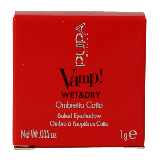 Pupa Vamp! Wet & dry eyeshadow in a 1g compact, featuring a shimmering dark eye makeup look with the product packaging visible.