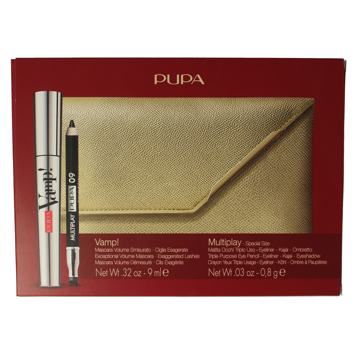 Pupa Vamp! mascara and Multiplay makeup kit, two-piece set with mascara wand and multicolored makeup products, on white background.
