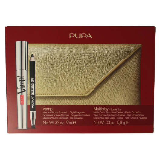 Pupa Vamp! mascara and Multiplay makeup kit, two-piece set with mascara wand and multicolored makeup products, on white background.