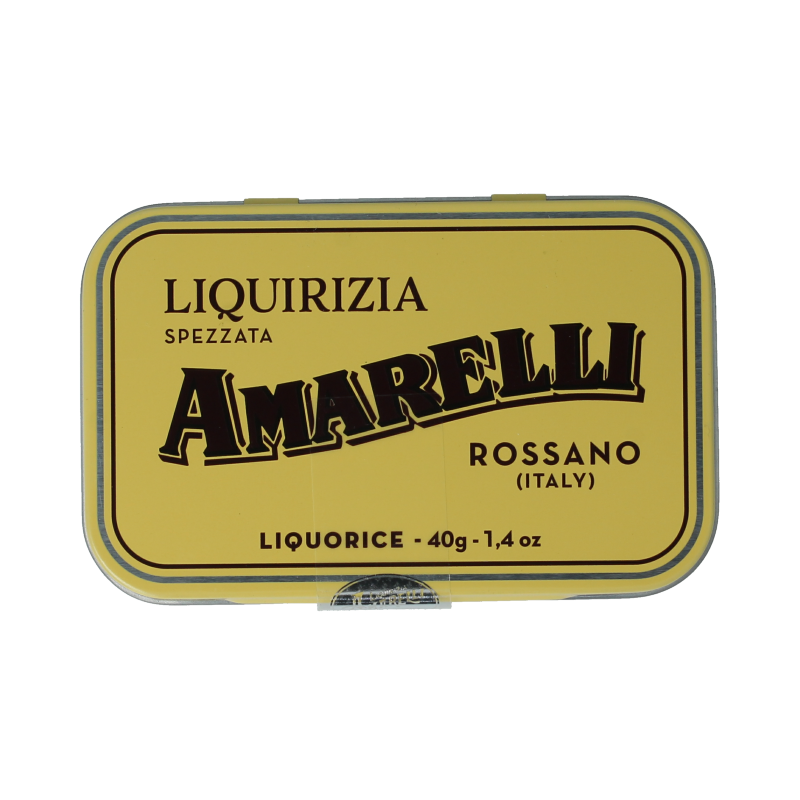 Amarelli Laurierdrop tin with 40 grams of pure licorice sweets, featuring a colorful label and classic packaging.