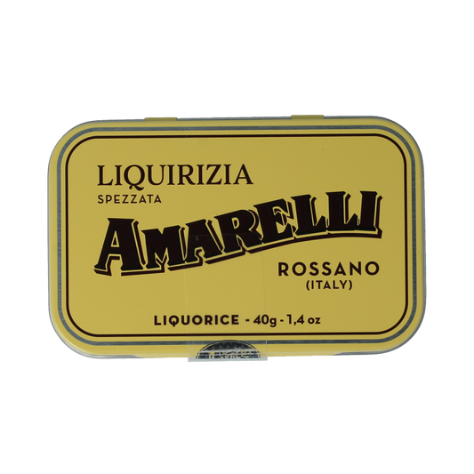 Amarelli Laurierdrop tin with 40 grams of pure licorice sweets, featuring a colorful label and classic packaging.